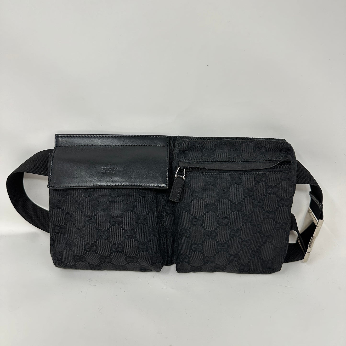 GUCCI DOUBLE BELT BAG GG CANVAS BLACK