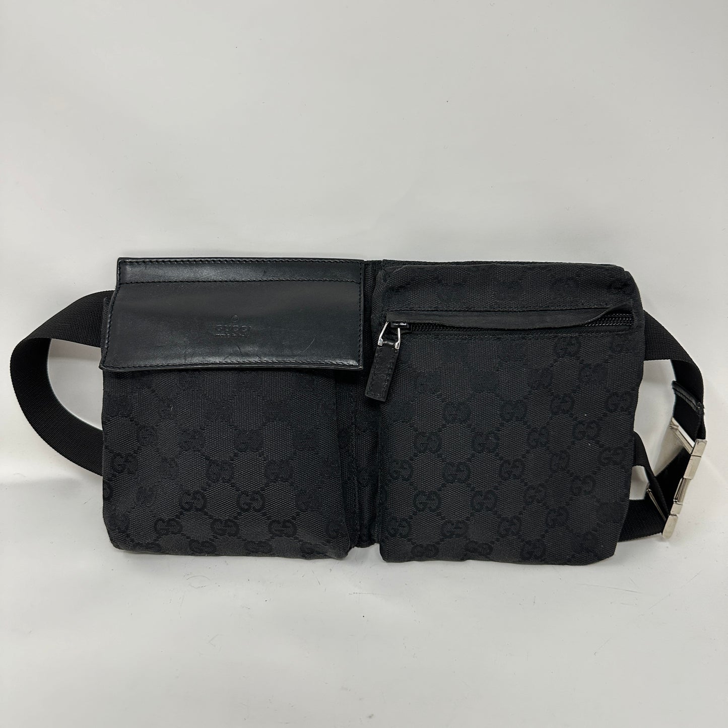 GUCCI DOUBLE BELT BAG GG CANVAS BLACK