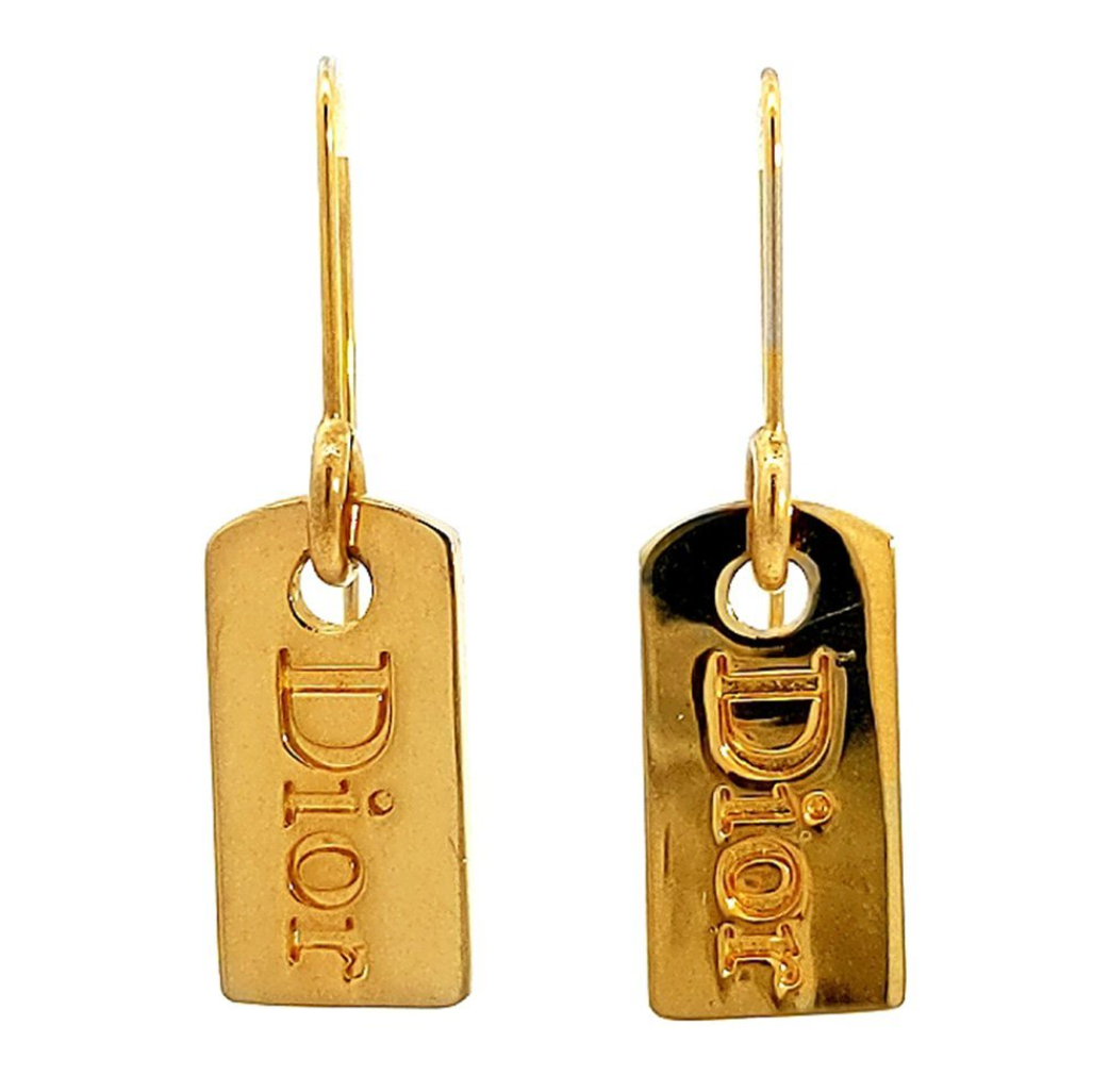 DIOR GOLD TONE TAG EARRINGS