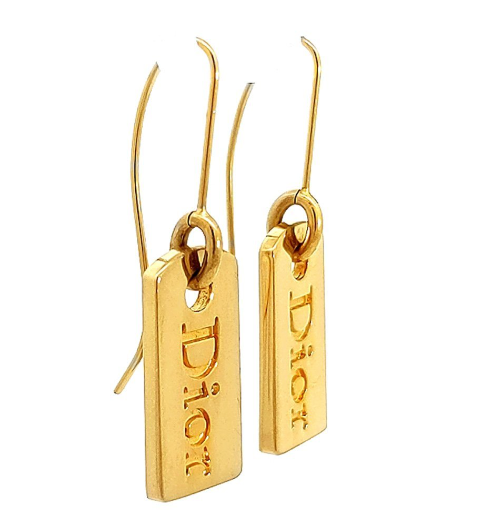 DIOR GOLD TONE TAG EARRINGS