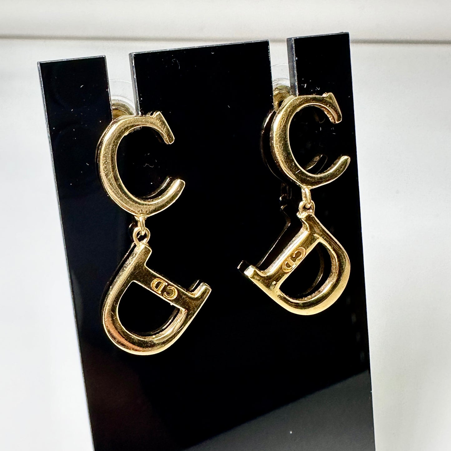 CD DIOR OBLIQUE GOLD TONE DROP EARRINGS