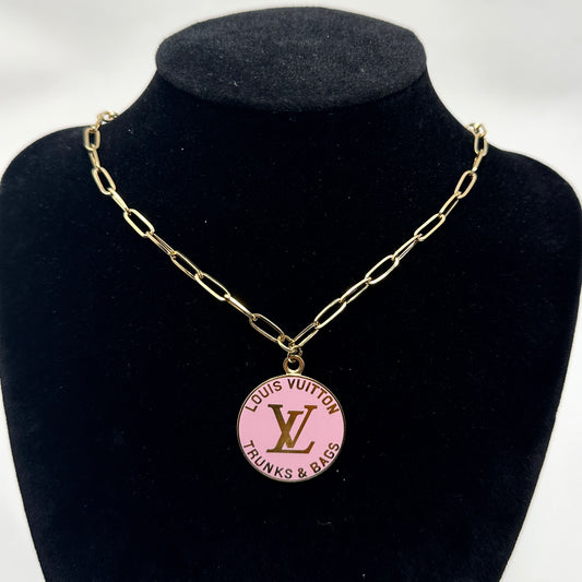 LV RE-WORKED GOLD TONE PINK NECKLACE